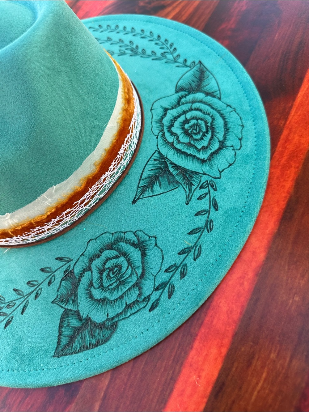 Turquoise Wide-Brim Floral Engraved Wool Felt Hat - Picture 2 of 4